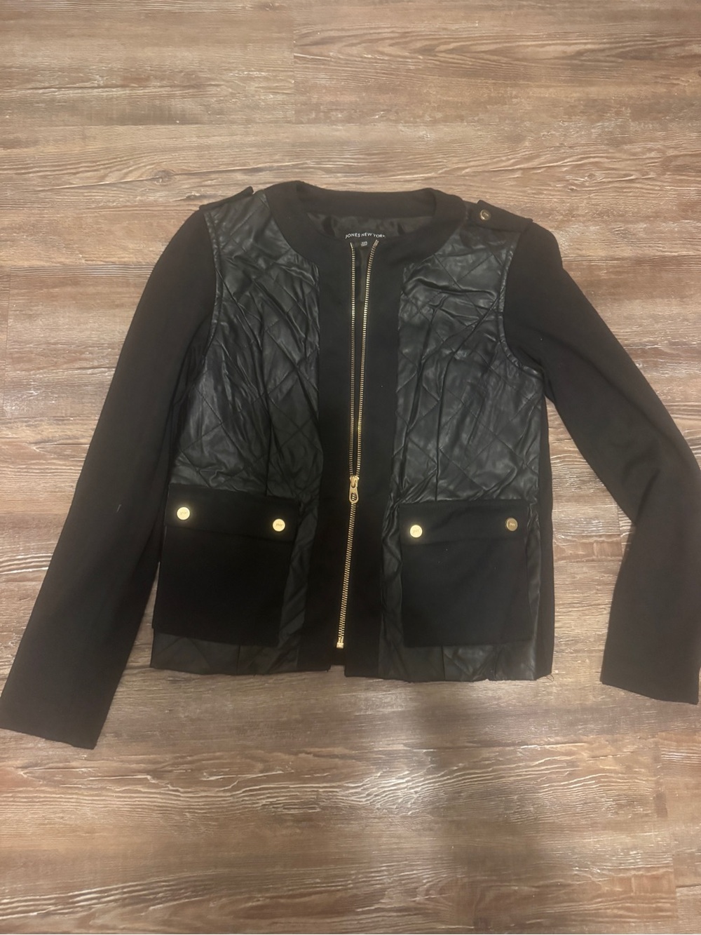 Jones New York Black Quilted Front Jacket with Gold Hardware